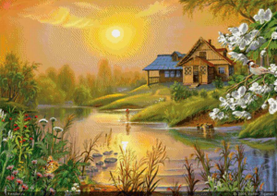домик у реки - вечер, природа, домик, живопись, закат, река, пейзаж - предпросмотр