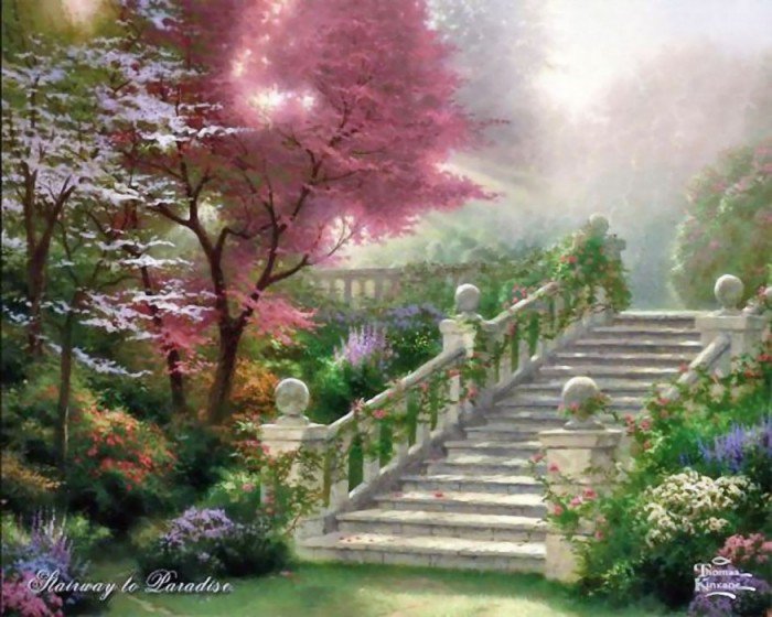 весений сад - сад, природа, живопись, нежность, цветы, весна, лестница - оригинал