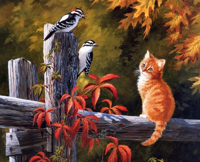 Котя и птички - живопись, кот, кошка - оригинал