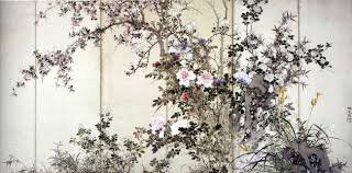 Японская живопись - япония, цветы - оригинал