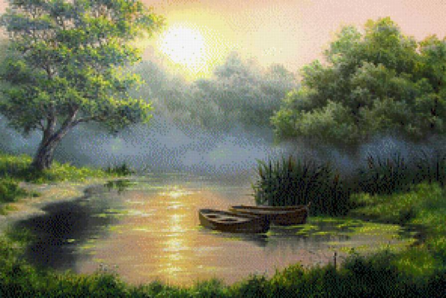 туманное утро - утро, пейзаж, лодки, туман, река - предпросмотр