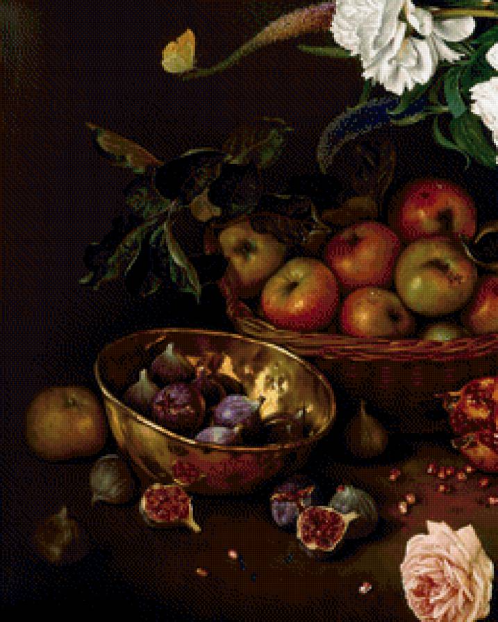 натюрморт с яблоками и инжиром - кухня, фрукты, корзина, яблоки, живопись, натюрморт, инжир - предпросмотр