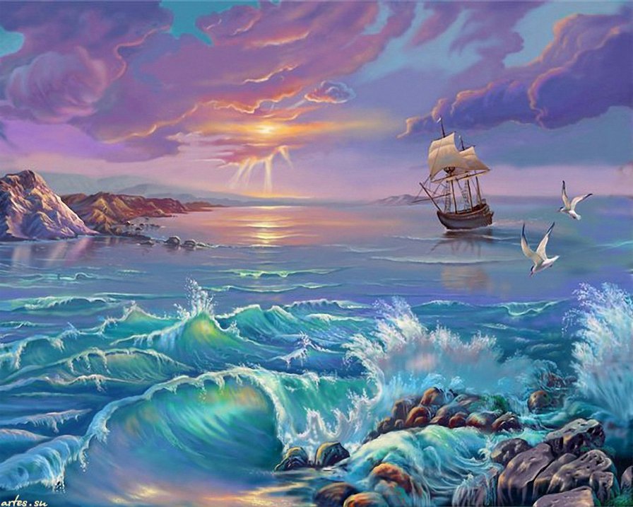 №648779 - чайки, море, парусник - оригинал