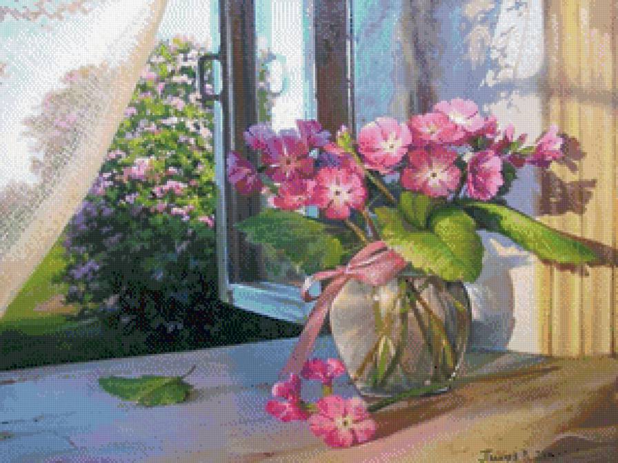 цветы на подоконнике - сад, натюрморт, окно, живопись, вечер, цветы, весна, природа - предпросмотр