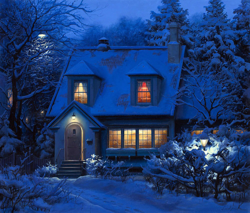 В сумерках - снег, свет в окне, зима, дом, сумерки, ночь - оригинал