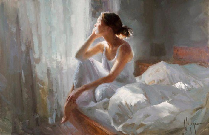 Девушка - картина маслом, утро, девушка - оригинал