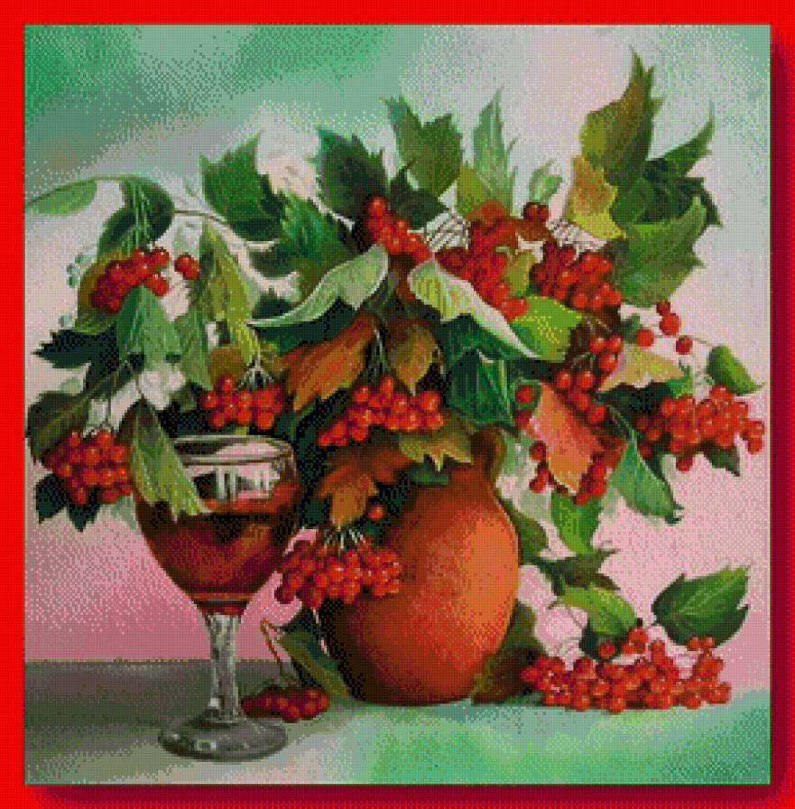 Калина и вино - натюрморт, калина, кувшин, вино, бокал - предпросмотр