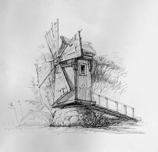 Мельница - черно-белое, графика, мельница - оригинал