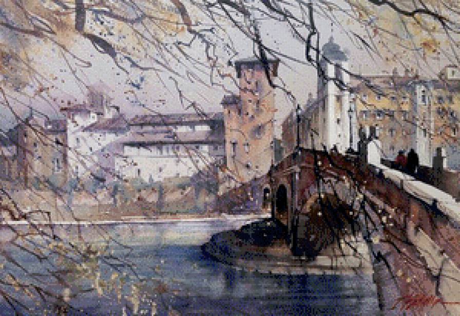 городской пейзаж - лето, живопись, пейзаж, город, акварель, мост - предпросмотр