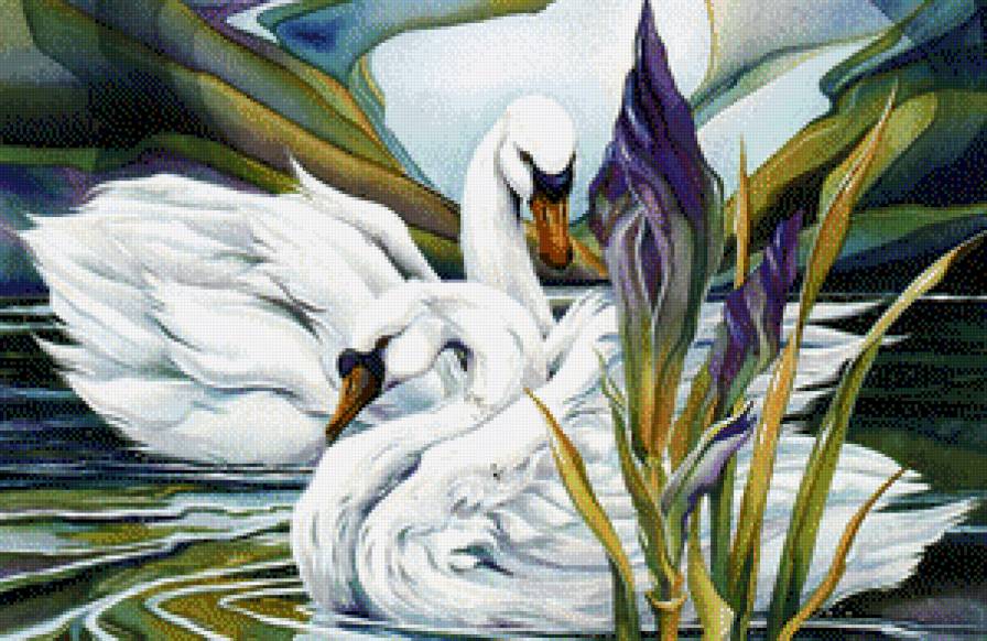 лебеди - картина, птицы - предпросмотр