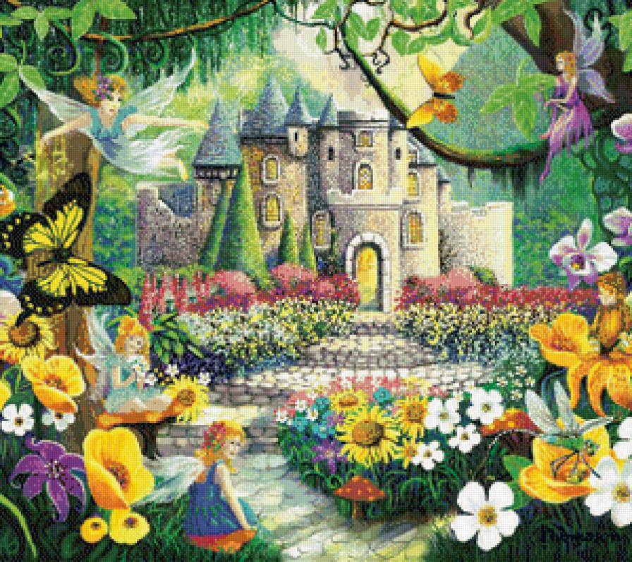 сказачный замок - сказка, природа, эльф, детское, замок, цветы, сад - предпросмотр