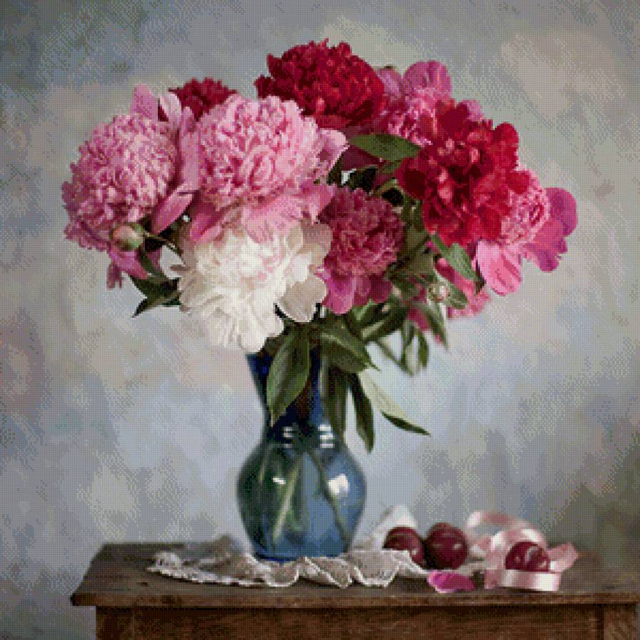 букет пионов - цветы, пионы, букет, ваза, вишня, натюрморт - предпросмотр