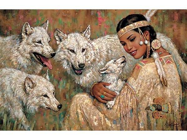 индейская девушка с волками - природа, девушка, индеанка, дружба, животное, волк, человек - оригинал