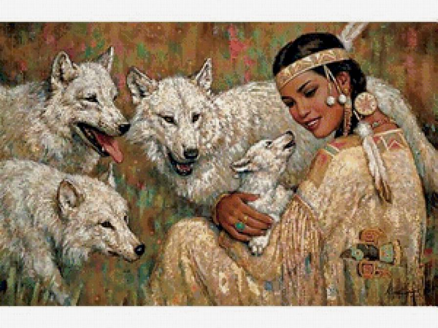 индейская девушка с волками - девушка, животное, дружба, природа, человек, индеанка, волк - предпросмотр