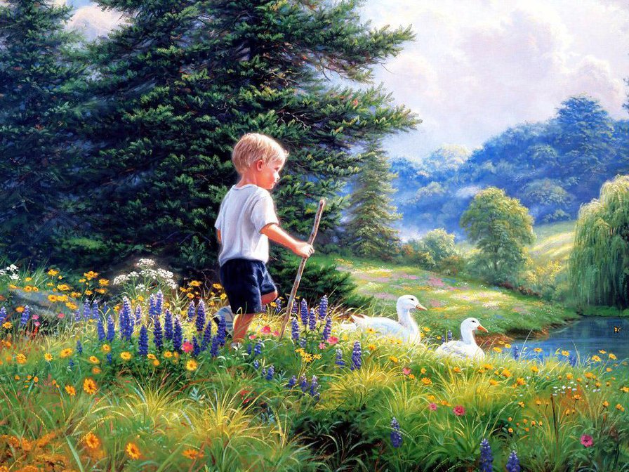 ах, лето - дети, пейзаж, озеро, птицы, цветы, деревья - оригинал