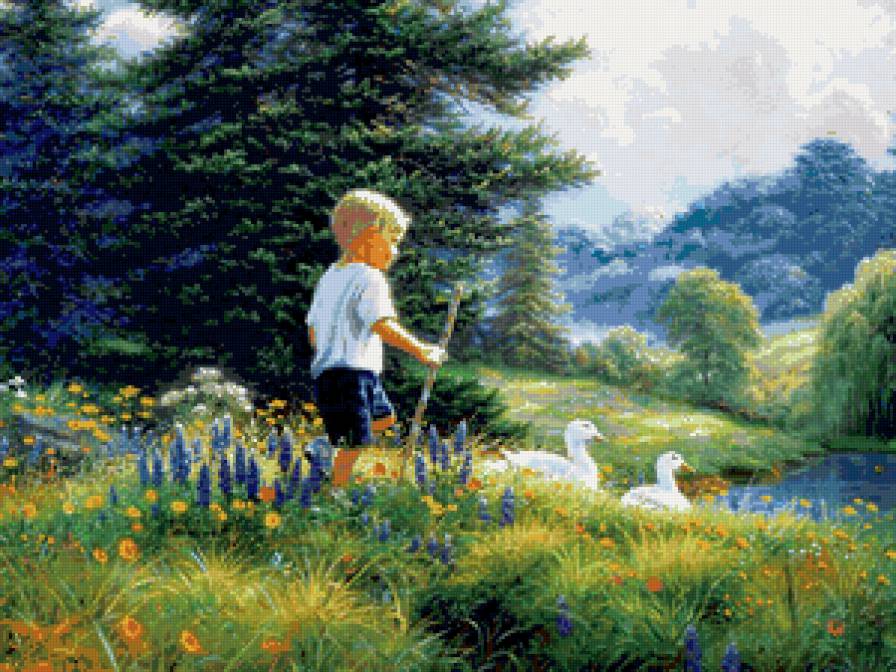 ах, лето - цветы, дети, озеро, пейзаж, птицы, деревья - предпросмотр