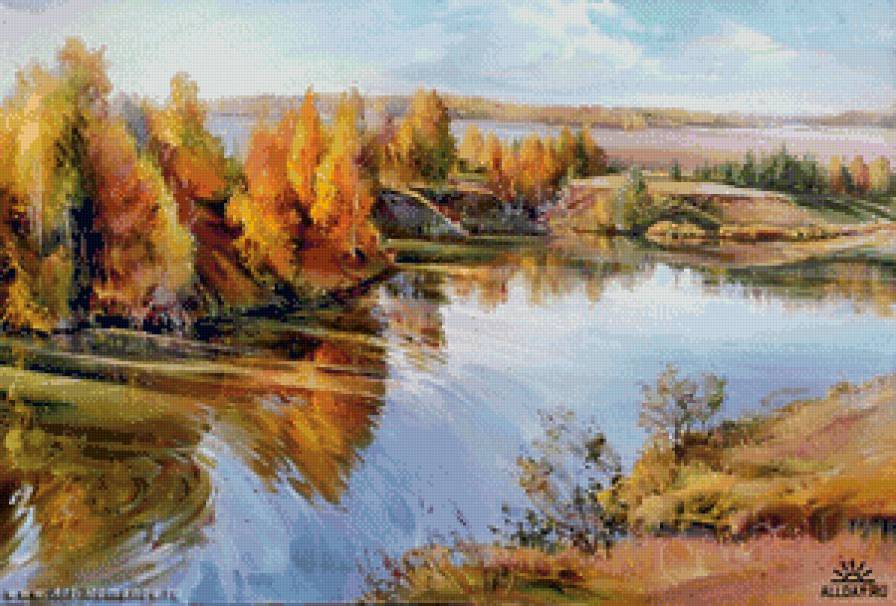 река осенью - деревья, живопись, пейзаж, река, осень, лес, природа - предпросмотр