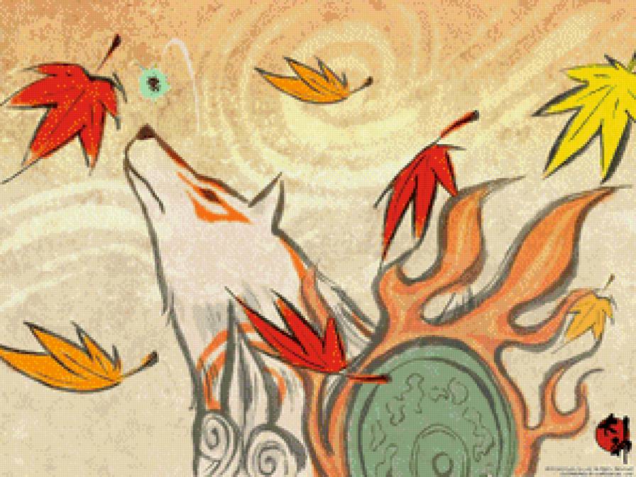 лесной дух - огонь, японская, арт, волк, картина, животные, клен, листья - предпросмотр