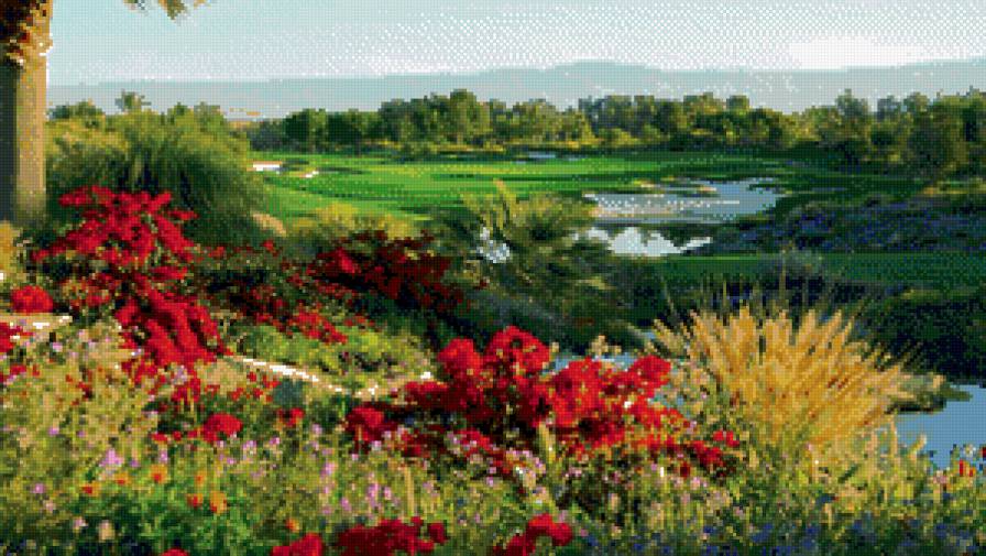 Летний пейзаж - небо, цветы, озеро, трава, лето, пейзаж - предпросмотр