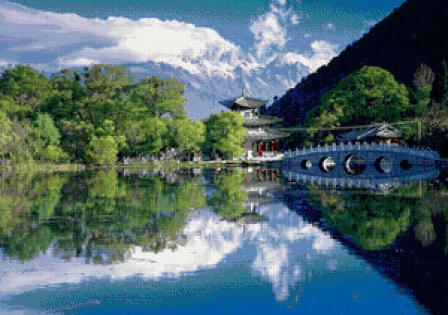 природа в китае - небо, пейзаж, лето, река, природа, отражение, пагода, гора - предпросмотр