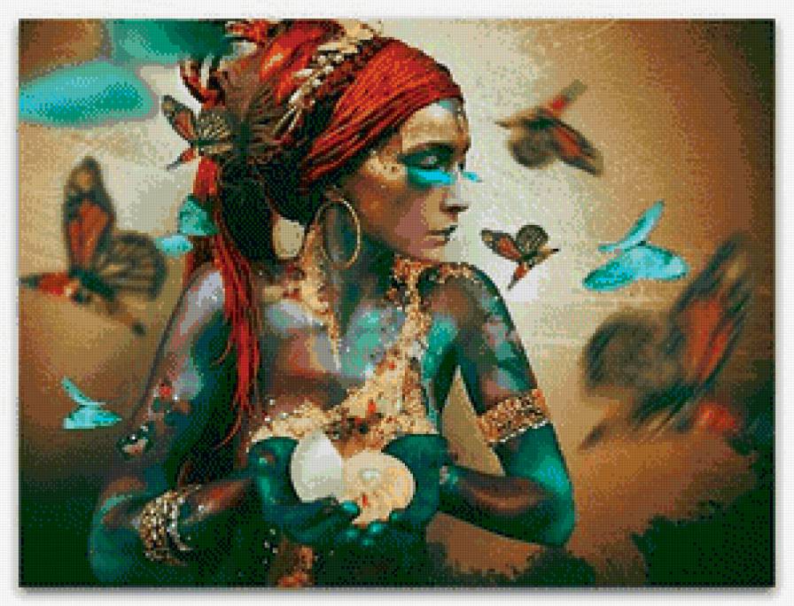 девушка с ракушкой - бабочки, ракушка, люди, девушка, картина - предпросмотр