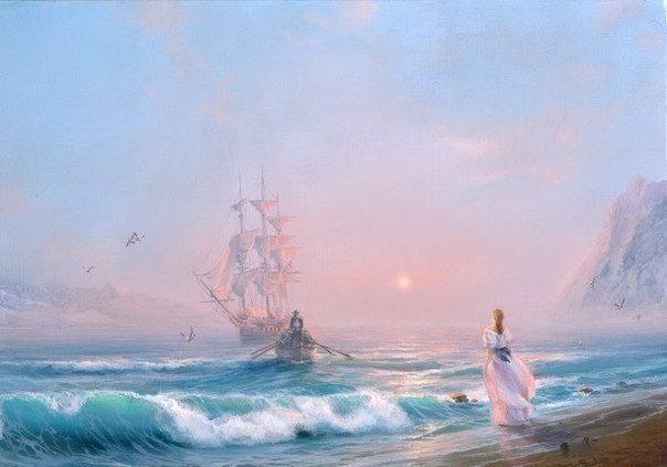 Дождалась - море, природа, девушка, корабль - оригинал
