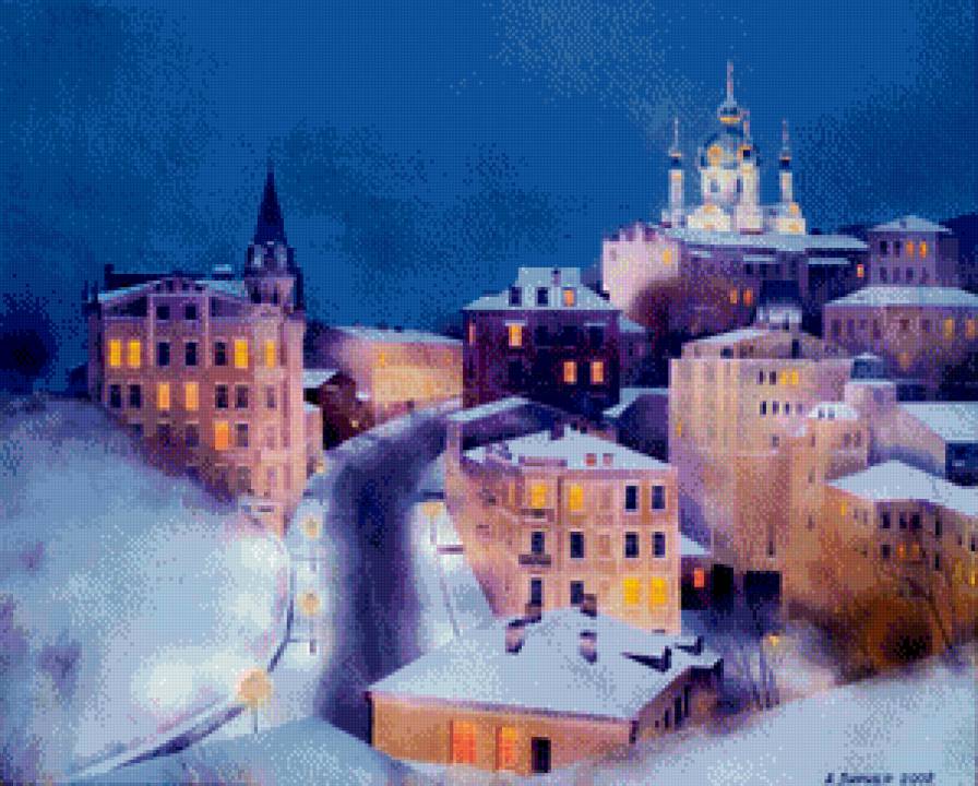 Андреевский спуск в Киеве - зима, город, андреевский спуск, живопись, вечер, пейзаж, киев - предпросмотр