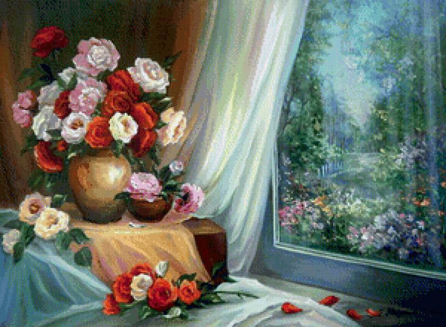 букет цветов у окна - окно, лето, натюрморт, цветы, живопись, букет - предпросмотр