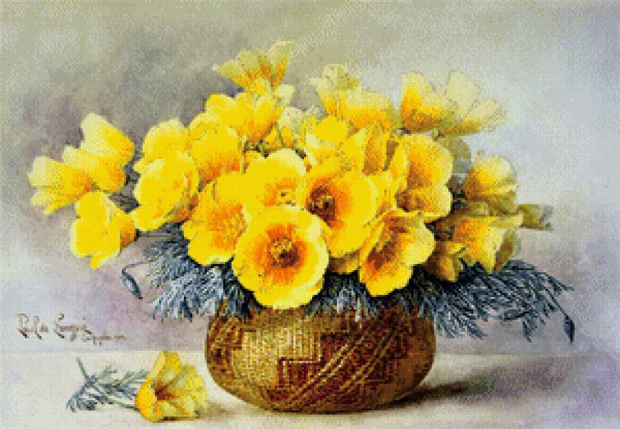 букет желтых цветов в вазе - цветы, ваза, натюрморт, живопись, картина, букет - предпросмотр