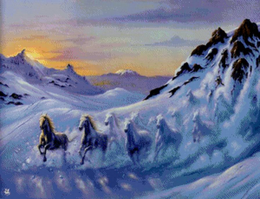 табун лошадей - горы, снег, лошадь, арт, природа, табун, зима - предпросмотр