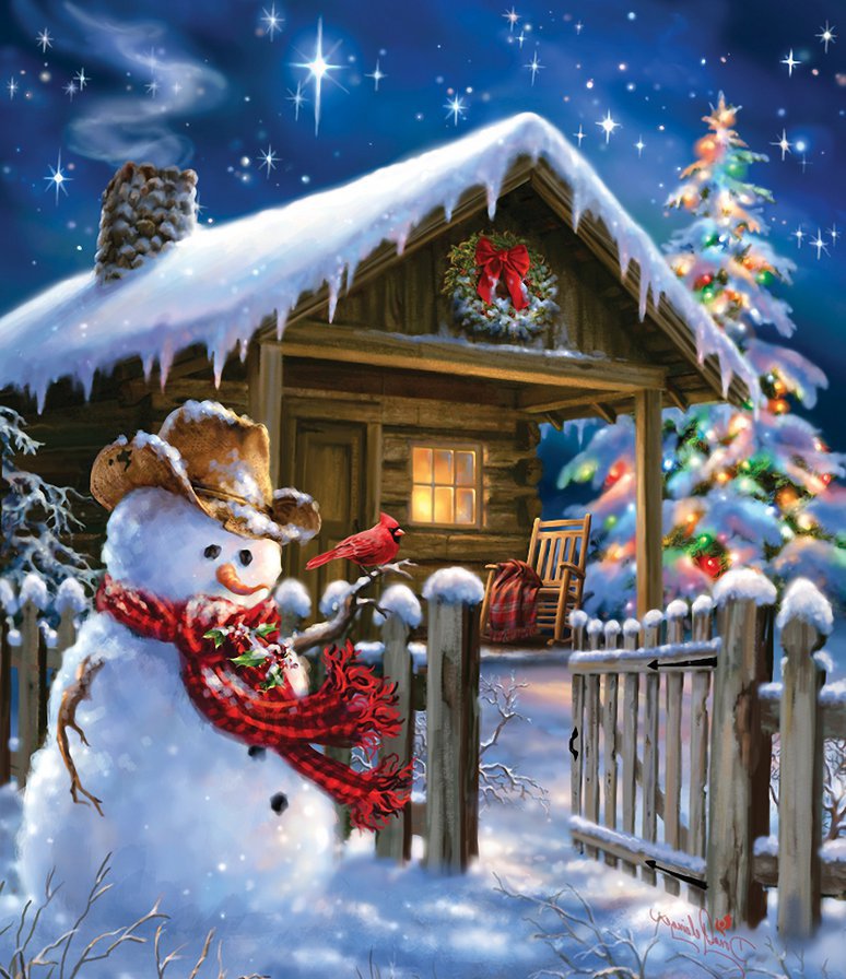 Зимний праздник - снеговик, дом, зима - оригинал