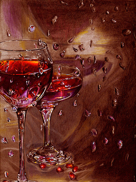 Гранатовое вино 1 - бокал, вино, натюрморт, гранатовые зерна, картина - оригинал