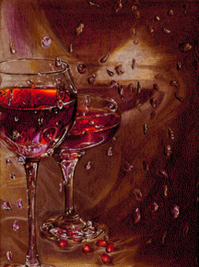 Гранатовое вино 1 - натюрморт, бокал, вино, картина, гранатовые зерна - предпросмотр