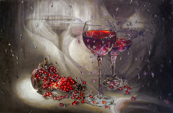 Гранатовое вино 2 - гранат, бокал, натюрморт, картина, вино - оригинал