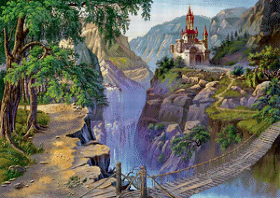 Замок - замок, водопад, мост, горы - предпросмотр
