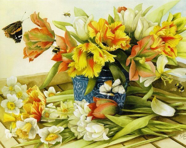 Весенние цветы - цветы, весна, тюльпаны, бабочка, нарциссы, букеты - оригинал