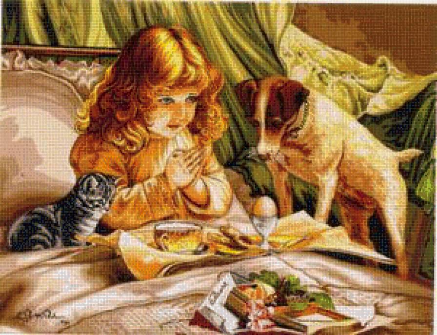 Девочка с домашними любимцами - дети, животные, кот, собака - предпросмотр