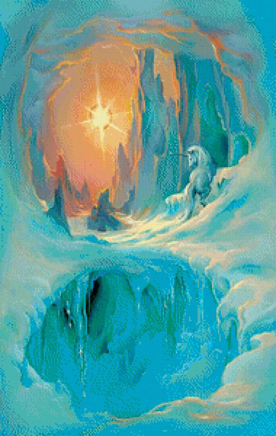 ледяная фантазия с единорогом - закат, живопись, единорог, фэнтези, снег, лед, арт - предпросмотр