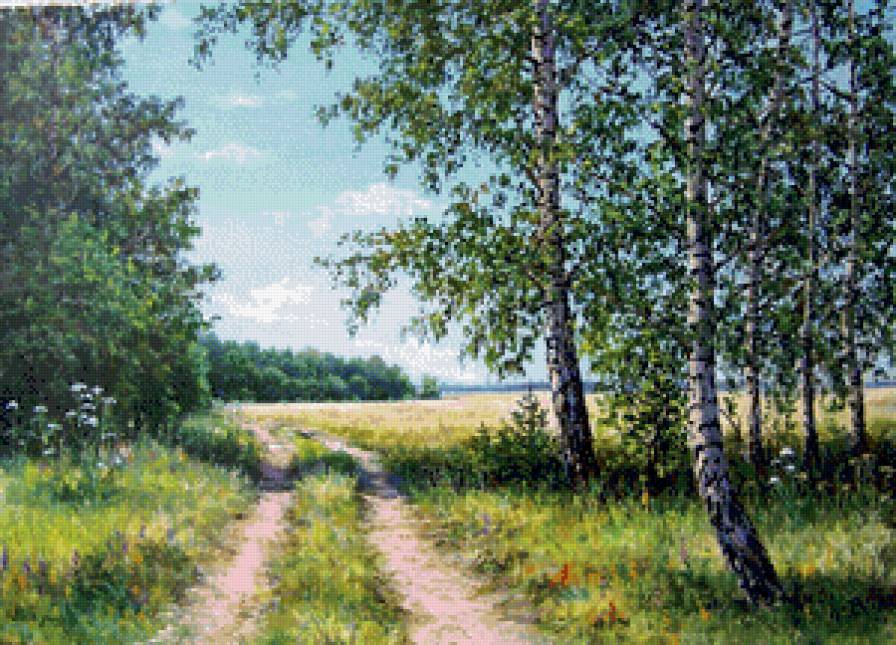 русские берёзы - лето, живопись, пейзаж, лес, береза, поле, природа, жара - предпросмотр