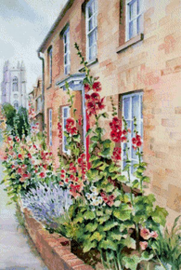 Улочка - улица, мальвы, дом, цветы - предпросмотр