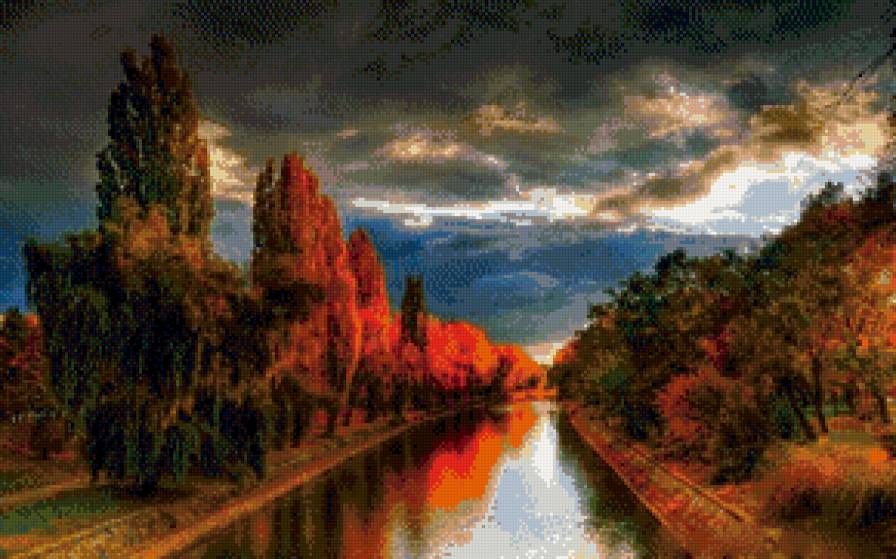 Осенний закат - небо, облака, осень, деревья, река - предпросмотр