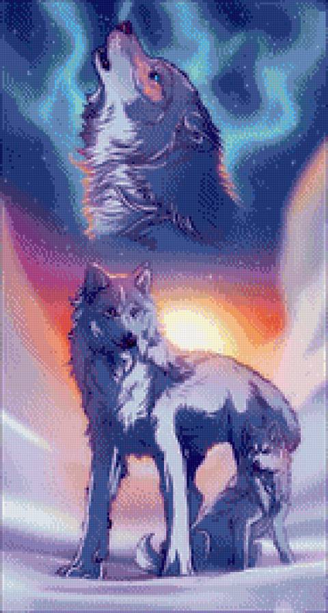 волки - животные, зима, северное сияние, волк, волчица, север - предпросмотр