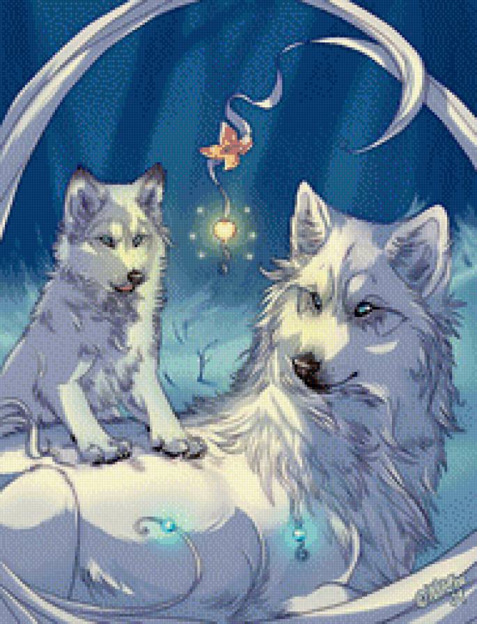 волки - волк, север, зима, волчица, северное сияние, животные - предпросмотр