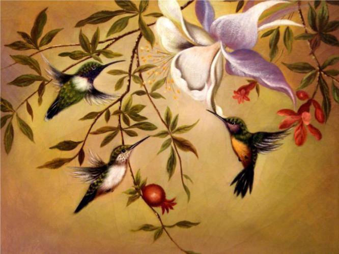 колибри и цветы - цветы, живопись, колибри, пртицы - оригинал