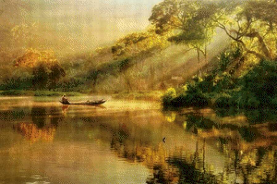 Утро на реке - человек, восход, утро, река, люди - предпросмотр