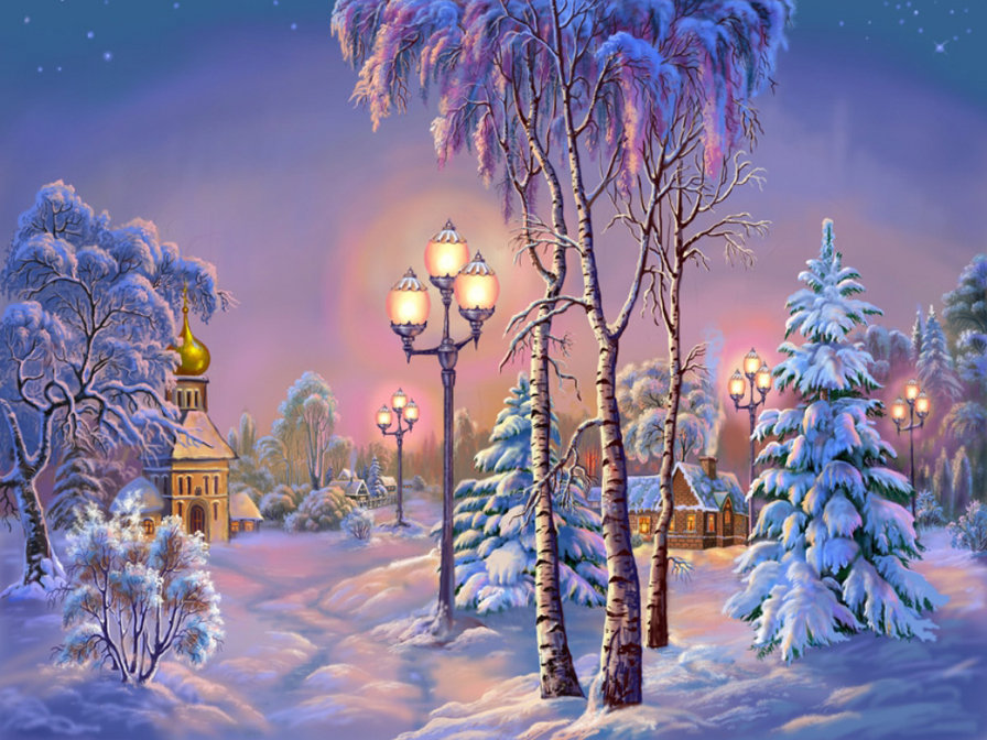 картина - зима, домик, природа - оригинал