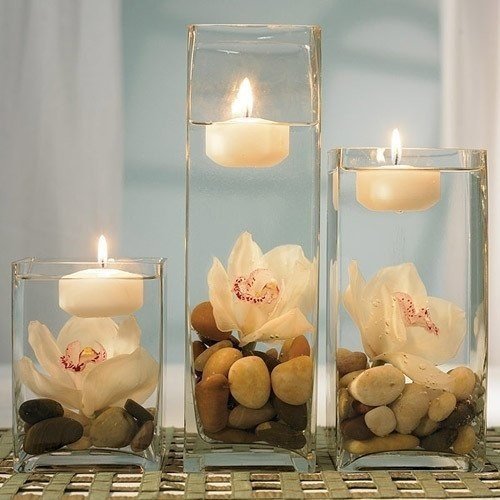 свечи в стаканах - камни, натюрморт, релакс, свечи, цветы - оригинал