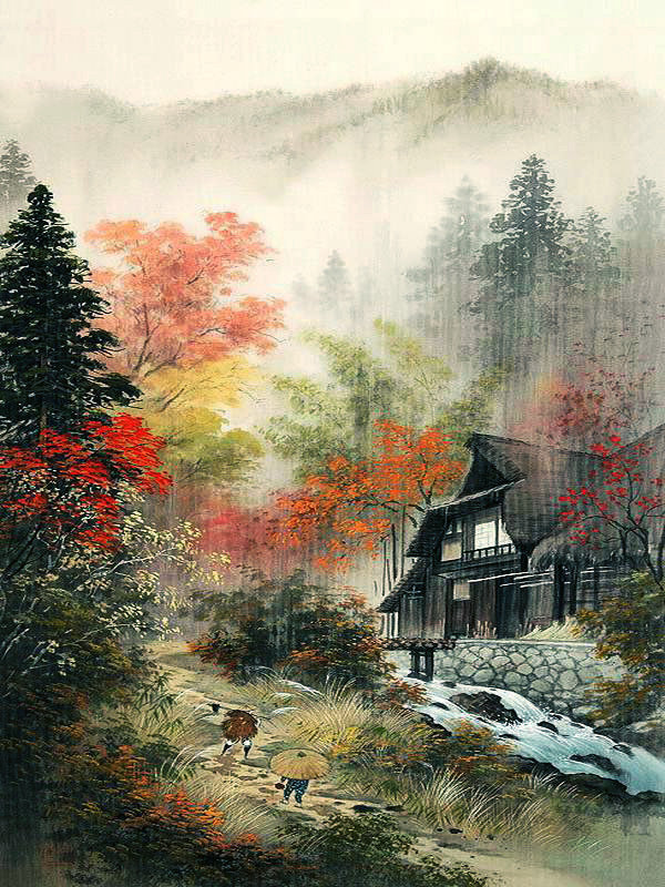 Осенний дождь - восточная живопись - оригинал