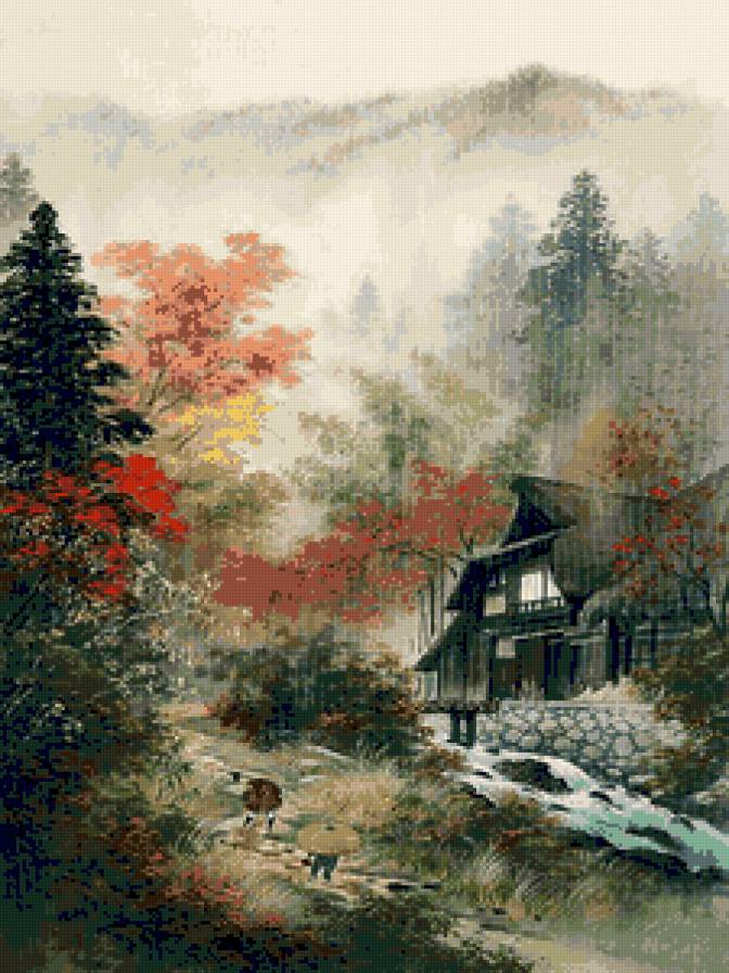 Осенний дождь - восточная живопись - предпросмотр