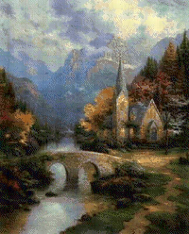 Старая церковь - фэнтези, мост, пейзаж., природа - предпросмотр